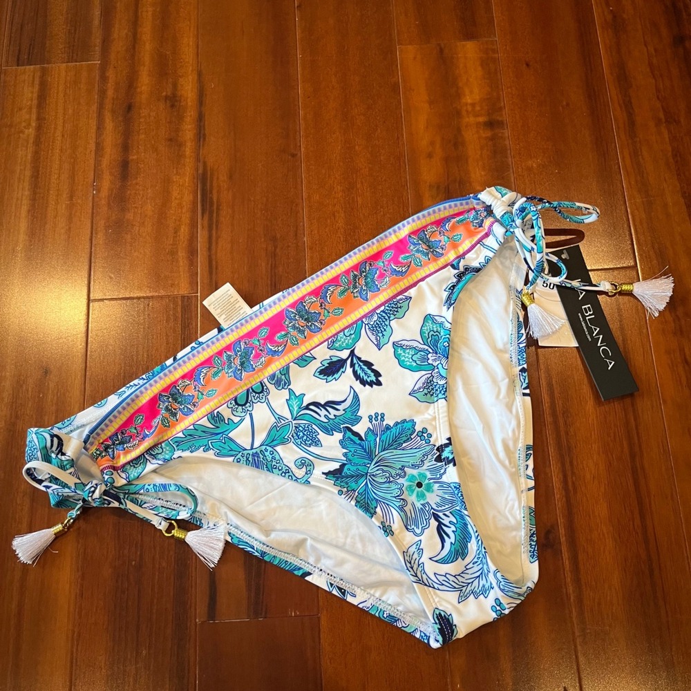 La Blanca Bikini Bottom Swim Floral Side Tie Blue White Multi UPF 50+ New Sz 16